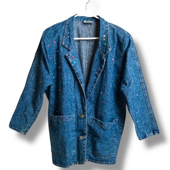 Vintage 90s Match Denim Blazer Jacket Oversized Rhinestone Sequin Jean Coat - Picture 1 of 11
